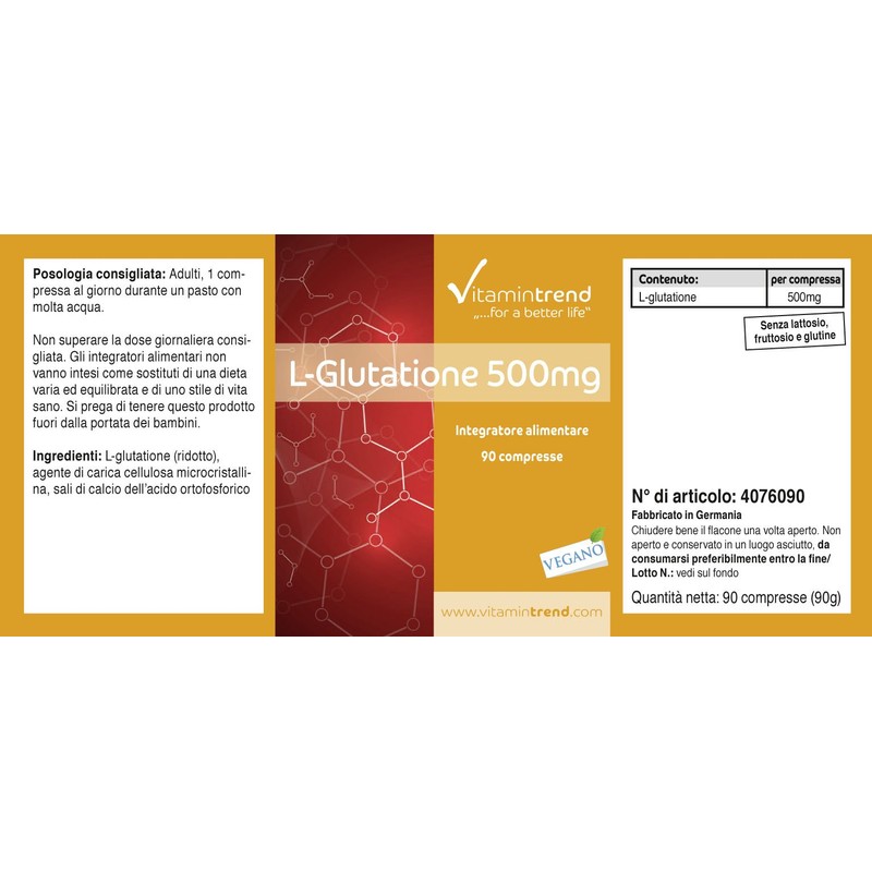 L-Glutathione 500 mg – Reduced – 90 Tablets – Vegan