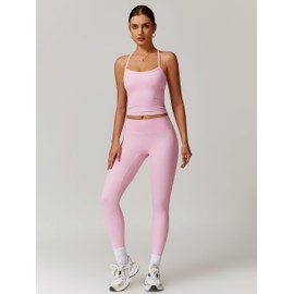 OMEWEE Women's Yoga Outfits Backless Strappy Sports Bra and Seamless Leggings Matching Active Jogger Outfits Pink M