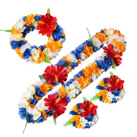 Layseri Hawaiian Luau Flower Leis Jumbo Necklace Bracelets Headband Set Mahalo Floral Leis (Blue,Orange and White)