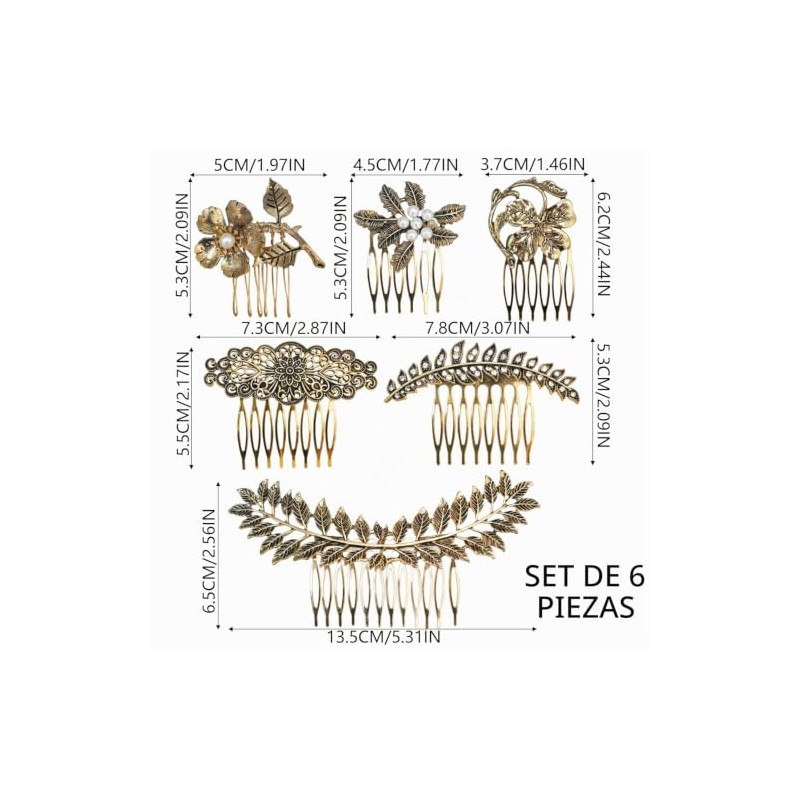 6 piezas de peinetas pelo vintage metálicas para mujer