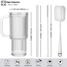 ALINK 26 oz Ribbed Glass Tumbler with Handle Lid and Straw, 2 Pack Ripple Large Iced Coffee Cups with Straws, Aesthetic Glass Travel Tumbler for Hot & Cold Beverages, Smoothies, Tea and Juice - Clear