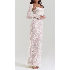 Women Vintage Cream Lace Maxi Dress Romantic Long Sleevees Lace Bodycon Dress White S