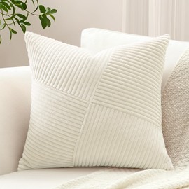 Sungeek Set of 1 Soft Corduroy Decorative Cushion Cover 45x45cm Striped Pinwheel Patchwork Textured Throw Pillow Cases Farmhouse Solid Square Pillow Covers 18x18 Inch for Sofa Bed Couch, Cream White