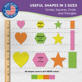 Formas básicas 2: corazones, estrellas, hexágonos, rectángulos, 696 piezas hechas en Estados Unidos con formas geométricas en 3 tamaños y 4 colores NEON para matemáticas, juego de patrones y