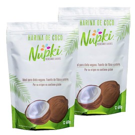 Nupki Harina de Coco orgánica (2 pack 400g c/u.). Ideal para dieta vegana y keto y por su origen no contiene gluten.