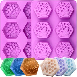 SIQINZONGWA 2 Pack Honeybee Soap Molds, 3D 6-cavity Bee Silicone Soap Molds, Hexagonal Bee Honeycomb Silicone Molds for Homemade Soaps, Beeswax, Resin, Bath Bomb, Jello, Chocolate and Dessert (Purple)
