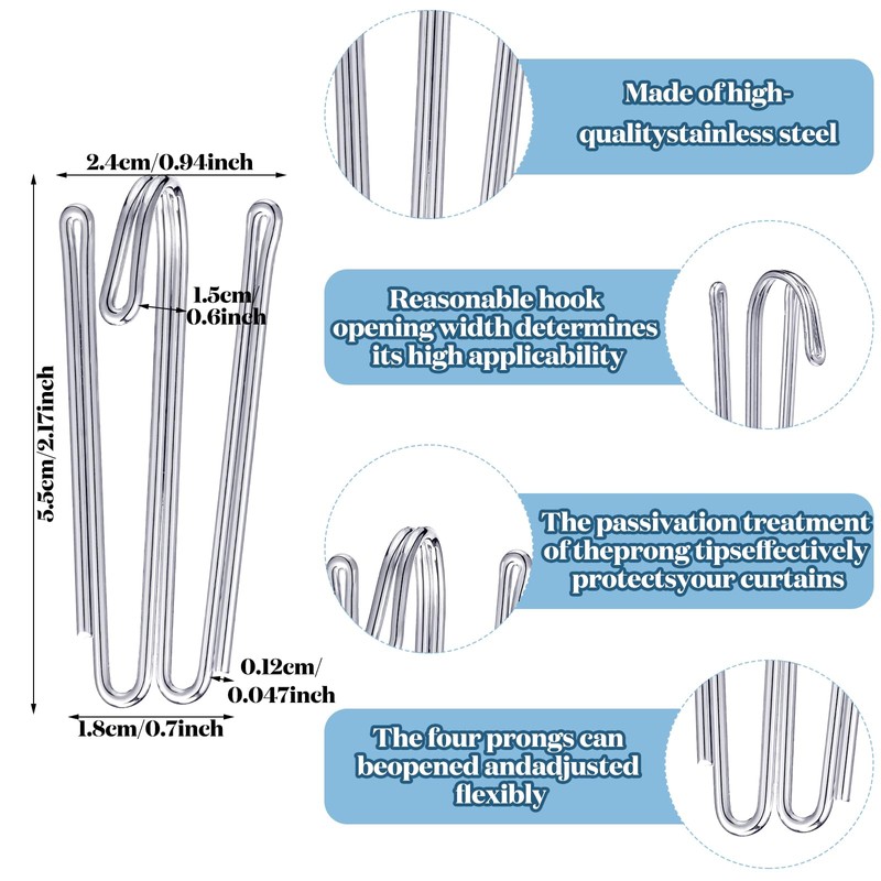 Blulu Pleat Hooks Stainless Steel Curtain Pleat Hooks Drapery Hook