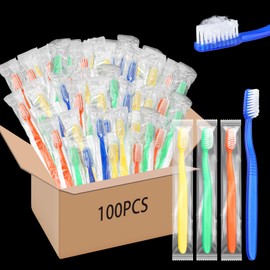 Ziliny 100 Pcs Prepasted Disposable Toothbrushes Bulk Individually Wrapped Pre Pasted Soft Bristle Tooth Brush Set Travel Colorful Toothbrushes for Homeless Gift Hotel Camping Travel