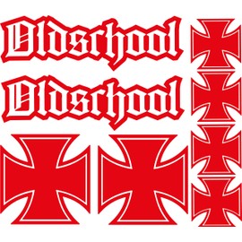 Oldschool Sticker Set, 2 Lettering and 6 Iron Crosses Rocker Style Motorcycle Scene (Matt Red)