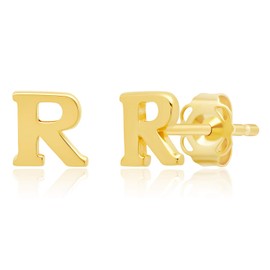 MAX + STONE 14k 5mm Yellow Gold Small Script Initial Letter Stud Earrings for Women | Letter R