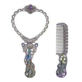 Nerien Vintage Peacock Metal Mirror Comb Set Antique Heart-shaped Handheld Vanity Mirror Comb Set Antique pewter