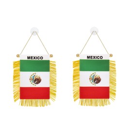 Rotenl 2 Pack Mexico Window Small Mini Hanging Flag, 3 X 5 Inch Mexican Car Flag Banner with Golden Fringy Tassel and Suction Cup, Wall, Door and Rearview Mirror Decor (Mexico)