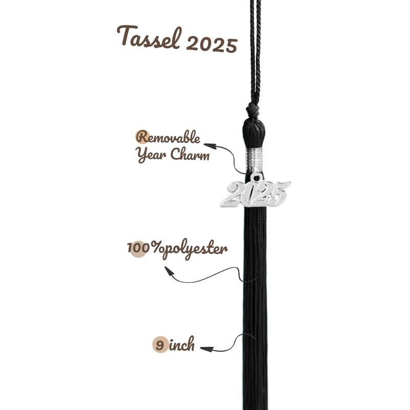 UIALECG Graduation Single Color Tassel with Date Drop 2025(Black Tassel,Silver