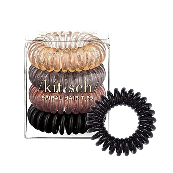 Kitsch Spiral Hair Ties for Women - Waterproof Teleties & Ponytail Holders for Teens | Stylish Phone Cord Hair Ties & Hair Coils for Girls | Coil Hair Ties for Thick Hair & Thin Hair, 4 Pcs (Brunette)