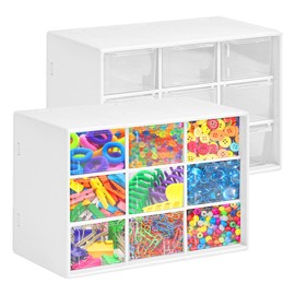 2Pcs Mini Plastic Drawer Organiser, Desk Storage Organizer with 9 Drawers Stackable Clear Plastic Box Desktop Drawer Organizer for Storing Jewellery Pins Screws and Small Parts (White)