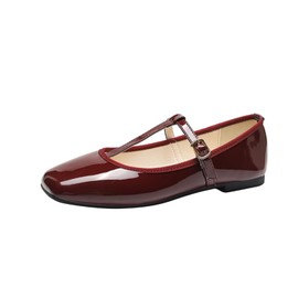 ANUFER Women's Flat Mary Jane Shoes Buckle T-Strap Ballet Pumps SD5A1208 Burgundy UK5