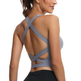 romansong Strappy Yoga Sports Bra for Women Padded Criss-Cross Back Tank Tops, gray