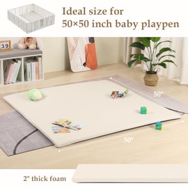 MOMCAYWEX 50"x50" Premium Baby Play Mat, 2" Thick Memory Foam with Wipe-Clean Leather Cover, Non-Slip & Machine Washable Floor Mat for Tummy Time, Crawling and Family Bonding Time, Cream