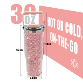 30oz Bling Rhinestone Studded Tumbler with Top Handle and Leakproof Lid Vacuum Insulated Stainless Steel Glitter Crystal Water Bottle with Flip Straw Reusable Cup Outdoors Travel Mugs (Light Pink)