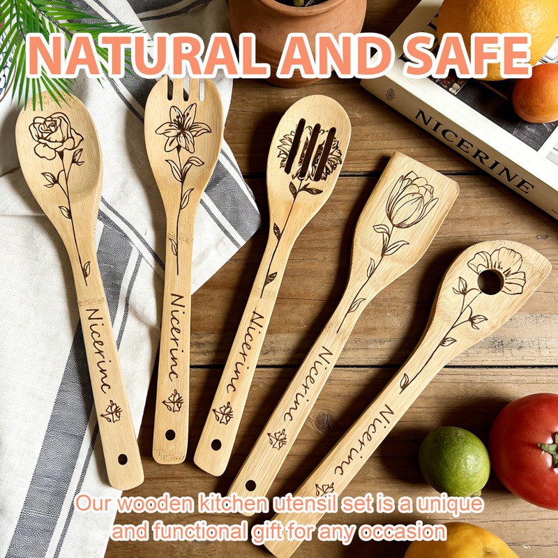 6PCS Bamboo Cooking Spoons,Lightweight & Durable Utensils Set include Unique
