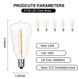 Konictom 25 Pack Edison Light Bulbs,ST38 LED Clear Replacement Bulbs Fits C7 E12 Base Light,0.6W Vintage Dimmable Waterproof Light Bulbs for Indoor Outside Night Light String Lights