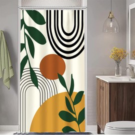 Stall Shower Curtain, Mid Century Boho Sun Small Shower Curtain for Bathroom Waterproof Polyester Abstract Arch and Green Leaves RV Shower Curtain Set with Hooks, 36x72 Inch