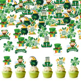 42Pcs Edible St Patrick's Day Cupcake Topper Wafer Paper Lucky Four Leaf Clover Cupcake Toppers Picks for St Patrick's Day Party Irish Holiday Party Decorations