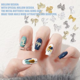 3D Bow Nail Charms, 80 Pcs Gold Silver Metal Nail Art Bow Gems Cute Hollow Butterfly Nail Art Charms Luxury Nail Jewelry Nail Art Decorations for Nail Design DIY Crafts (Bow)