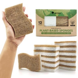 AIRNEX Biodegradable Natural Kitchen Sponge - Compostable Cellulose and Coconut Walnut Scrubber Sponge (12 Pack)