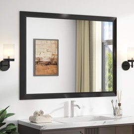 SMIROR Matte Black Bathroom Mirror for Over Sink 44x 36 inch, Metal Thick Frame Rectangle Vanity Mirror for Wall, Anti-Rust, Horizontally or Vertically Mounted