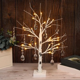 Jexine 13 Pcs Tabletop Christmas Decoration Indoor, Include 17.7 inch Birch Tree with 18 LED lights and 12 Hanging Crystal Ornaments for Home Centerpiece Fireplace Party Decor