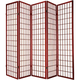 Legacy Decor 5-Panel Shoji Room Divider, Cherry, Real Wood Grid, Translucent Privacy Panels, 87.5″ W × 71″ H, Folding Screen