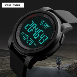 Farsler Herren-Sportuhr, multifunktional, doppelte Zeitzone, wasserdicht bis 50 m, großes Zifferblatt, Alarm, Stoppuhr, beleuchtete elektronische Uhr für Outdoor-Sportarten, Schwarz, Gurt