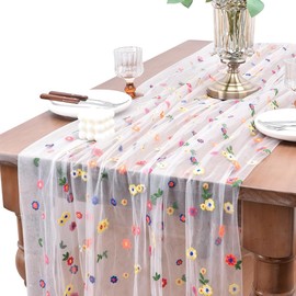 Flowers Table Runner, Table Runner with Daisies, Table Runner Spring Modern, 100 x 150 cm, Tablecloth Tulle Flowers, Embroidery Tablecloth for Party, Weddings, Table Decoration (White)