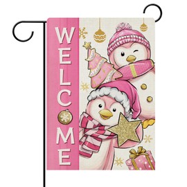 Dyrenson Welcome Christmas Pink Penguin Decorative Garden Flag, Xmas Tree Glitter Star Yard Outside Home Decorations, Winter Holiday Burlap Outdoor Small Decor Double Sided 12 x 18