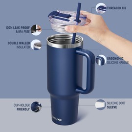 SMLIXE - Vaso de 40 onzas con asa y tapa de popote, botella de agua de acero inoxidable reutilizable aislada, taza de viaje, apto para portavasos de doble pared sellada al aspiradora (azul marino)