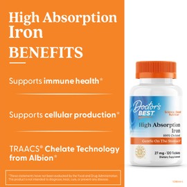 Doctor's Best High Absorption Iron Tablet with Ferrochel, Gentle on The Stomach, Immune Health, Blood Health, 27 mg