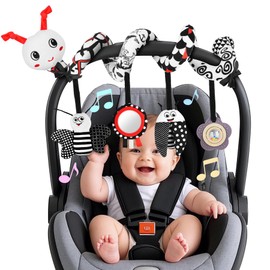 Car Seat Toys for Babies, 0-6 Months Stroller Activity Black White Baby Spiral Plush Toys Newborn High Contrast Sensory Carseat Toys with 4 Pendants Hanging Boys Girls Gift