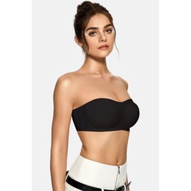 Vertvie Women's Wireless Strapless Bra Seamless Padded Bandeau Bra Non-Slip Silicone Tube Top Push Up Convertible Bralette (Black,Medium)