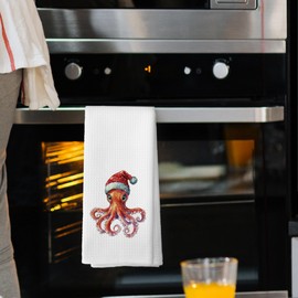 Mcehtle Christmas Coastal Octopus Kitchen Towels, Octopus Gifts, Christmas Coastal Beach Hand Towel for Bathroom Kitchen Decor, Xmas Ocean Marine Life Decorative Tea Towels Dish Towel 16x24 Inch