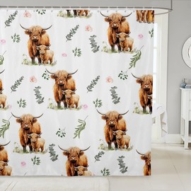 Highland - Cortina de ducha de vacas de 72 x 72 pulgadas para niñas y niños, linda cortina de baño de animales de granja, cortinas de baño de ganado, toro, decoración de recámara occidental, flores rosadas, hojas verdes, accesorios de baño