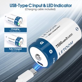 D Batteries Rechargeable with 4 in 1 USB C Charging Cable D Size Cell Lithium Batteries 7500mWh 1.5V for Flashlights, Toys, and Floodlights (6 Pack, D Battery)