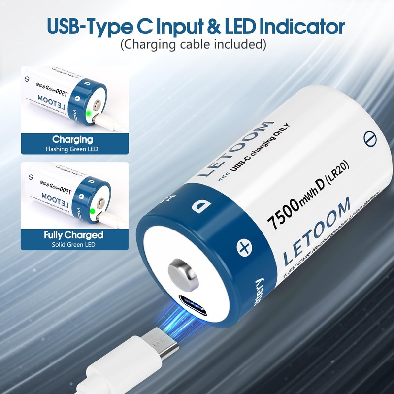 D Batteries Rechargeable with 4 in 1 USB C Charging
