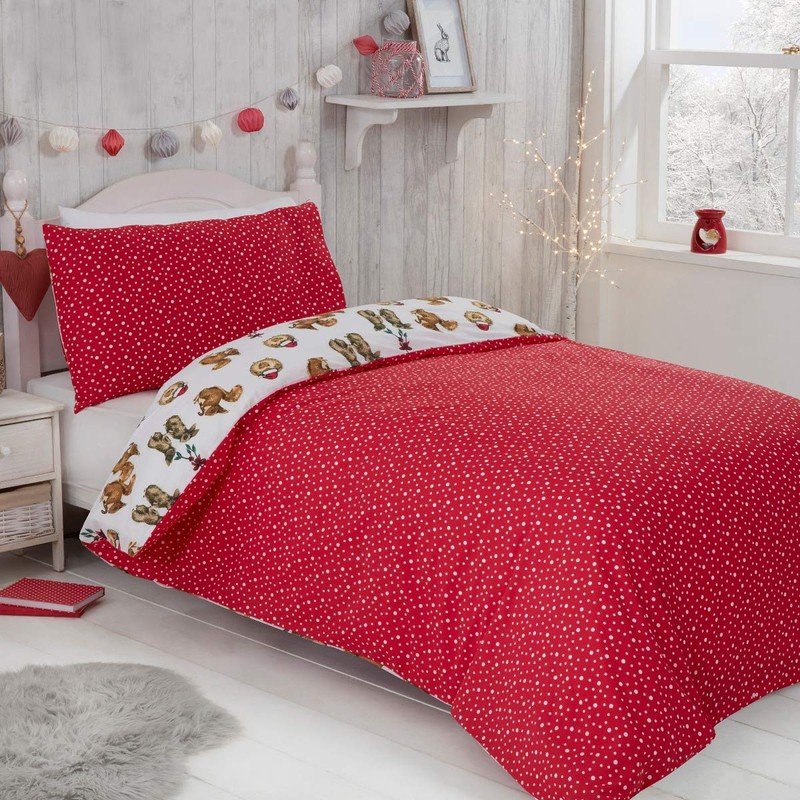 Sleepdown Forest Animals Red White Reversible Duvet Cover Bedding Set