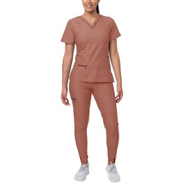 Adar Pro Flawless Plus Scrub Set for Women - Elevated V-Neck Top & Jogger Scrub Pants, Heather Coffee