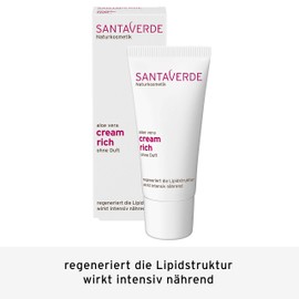 Santaverde / Cream rich / Face cream / Rich / Regenerating / Intensively Nourishing / For Dry Skin / Pure Aloe Vera Juice / Own Controlled Organic Cultivation / Face and Cleavage / Unisex / 100% Vegan / 30 ml