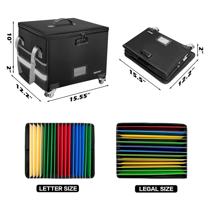 ENGPOW Fireproof Document Box with Wheels, Collapsible File Box with