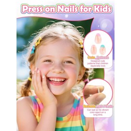 26PCS Press on Nails for Kids, TOROKOM Kid Fake Nail Set with Glue, French Rainbow Flower Stick on Nails for Girls Gift Age 8 9 10 11 12