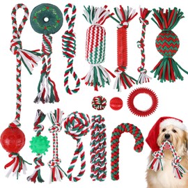 EXPAWLORER 15 Pack Christmas Dog Toys Bulk Set - Dog Toys Christmas Pack, Durable Squeaky Rope Ball Toys, Indestructible Rubber Chew Toys, Interactive Toys for Small Medium Large Aggressive Chewers