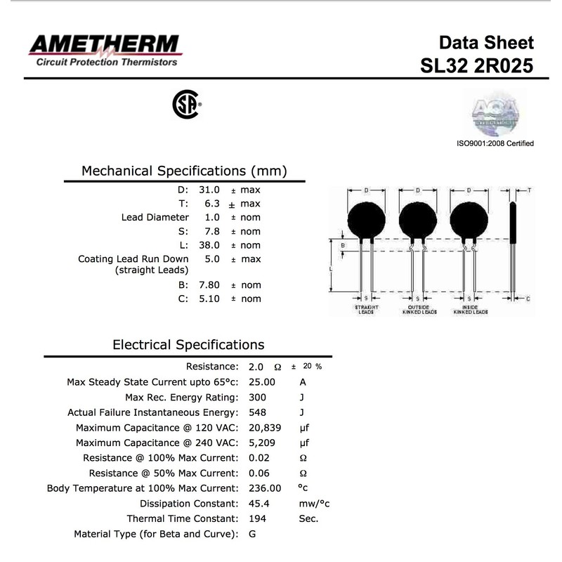 Ametherm SL32 2R025 (Pack of 2) Aqua-Rite Thermistor, ICL 2